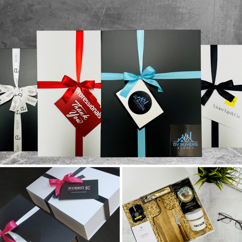 Custom branded gift hamper with ribbon and company logo for corporate clients
